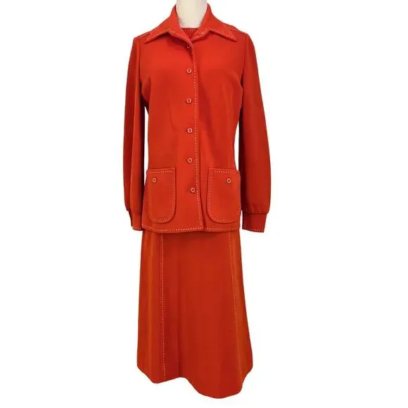 Vintage 70s Butte Knit Dress Set Red Preppy Modest